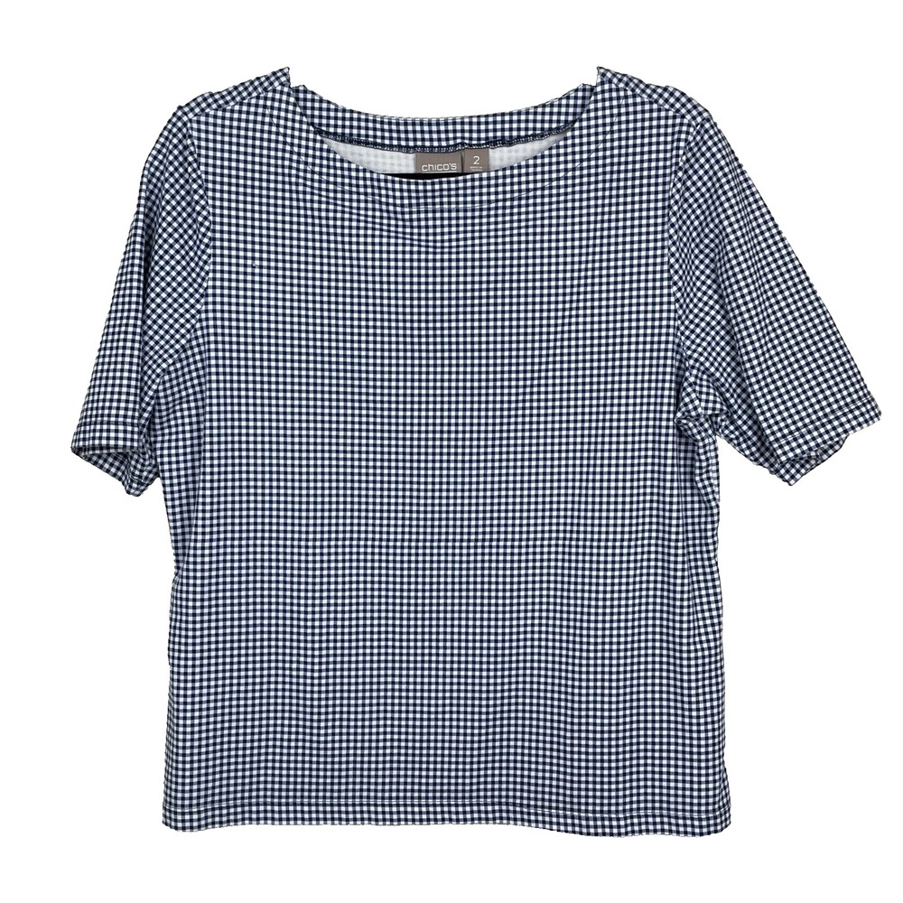Chicos Gingham Plaid Top Women 2 Large Blouse Short Sleeves Cotton Stretch Shirt